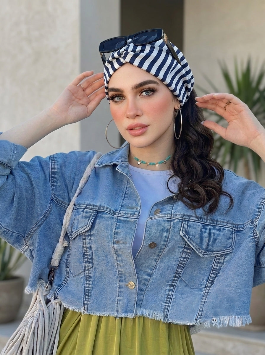 French Striped Hair Bandana Headband – Elastic Silk Satin Hair Wrap Kerchief